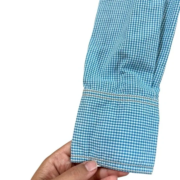 Free People long button down shirt dress blue gingham style size Large - Picture 5 of 15